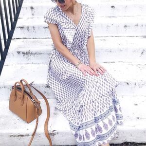 CJLA | Flutter Sleeve Tiered Maxi Print Dress Blue Purple, Womens Large